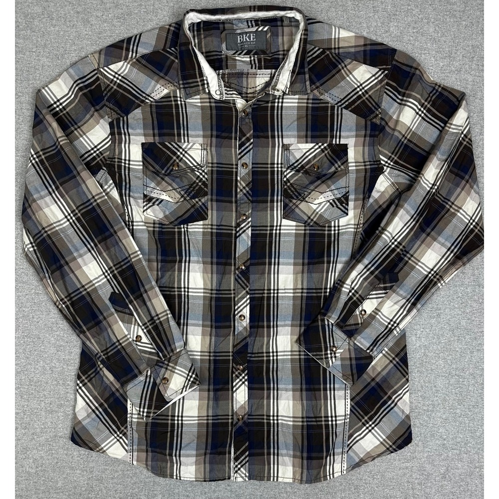 BKE Plaid Button Down Pearl Snap Shirt Men XL Brown Athletic Western Long Sleeve